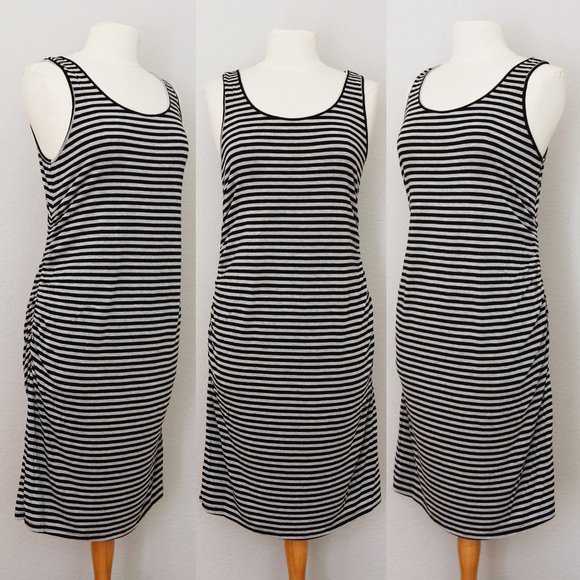 Liz Lange Maternity Gray Black Striped Ruched Gathered Sleeveless Midi Dress S - Picture 8 of 9